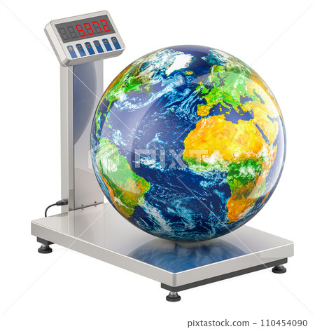 Earth mass, concept. Warehouse Scale with Earth Globe, 3D rendering Earth mass, concept. Warehouse Scale with Earth Globe, 3D rendering 110454090