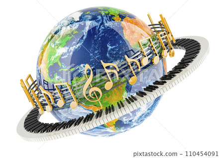 Earth Globe with piano keyboard and musical notes around, music concept. 3D rendering Earth Globe with piano keyboard and musical notes around, music concept. 3D rendering 110454091