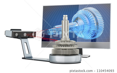 3D scanner scanning of detail with computer monitor, 3D rendering 3D scanner scanning of detail with computer monitor, 3D rendering 110454093