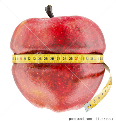 Apple with measure tape around. Diet and weight loss concept. 3D rendering Apple with measure tape around. Diet and weight loss concept. 3D rendering 110454094