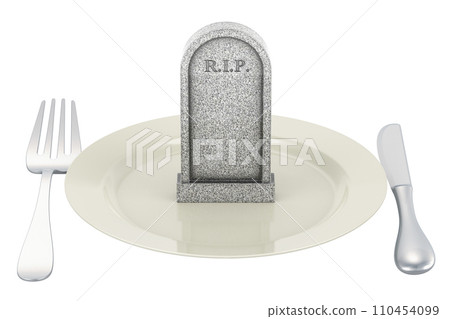 Dinner plate with Gravestone. Food poisoning, concept. 3D rendering Dinner plate with Gravestone. Food poisoning, concept. 3D rendering 110454099