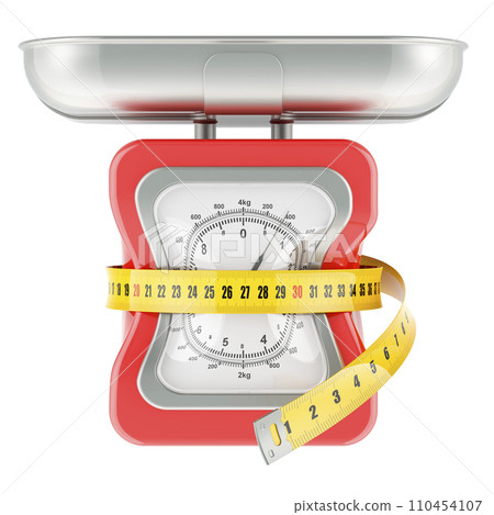 Kitchen scale with measure tape around. Diet and weight loss concept. 3D rendering Kitchen scale with measure tape around. Diet and weight loss concept. 3D rendering 110454107