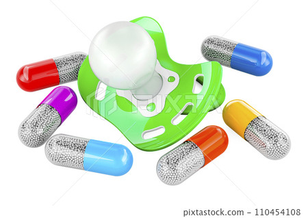 Baby pacifier with medicine capsules around. Baby Medicine concept, 3D rendering Baby pacifier with medicine capsules around. Baby Medicine concept, 3D rendering 110454108