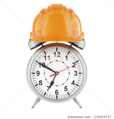 Alarm Clock with Construction Orange Hard Hat, 3D rendering Alarm Clock with Construction Orange Hard Hat, 3D rendering 110454117