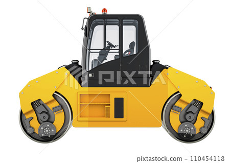 Yellow road roller, side view. 3D rendering 110454118