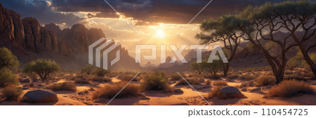 Desert sunset with mountains and trees Desert sunset with mountains and trees 110454725