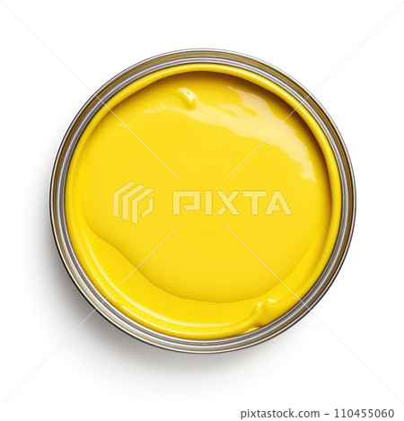 Full Can of bright yellow paint, top view. Yellow paint in a metal can isolated on a white background. Homogeneous texture of universal paint close-up. Full Can of bright yellow paint, top view. Yellow paint in a metal can isolated on a white background. Homogeneous texture of universal paint close-up. 110455060
