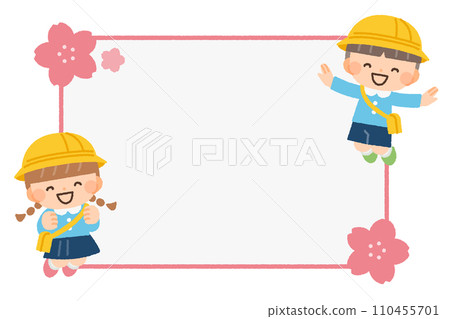 幼稚園小朋友和櫻花框插畫素材 110455701