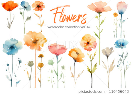 Watercolor painting of flowers and leaf. Hand drawn floral vector elements isolated on white background. Watercolor painting of flowers and leaf. Hand drawn floral vector elements isolated on white background. 110456043