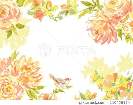 Illustration material for invitation background with orange roses, flowers, and birds 110456154