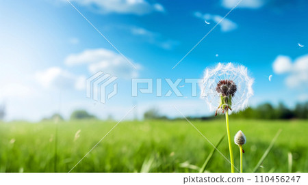 春天自然背景與蒲公英絨毛、藍天和空白空間 AI 生成的圖像 110456247
