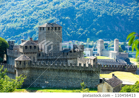 Two Bellinzona Castles on Alpine foothills in Switzerland Two Bellinzona Castles on Alpine foothills in Switzerland 110456413