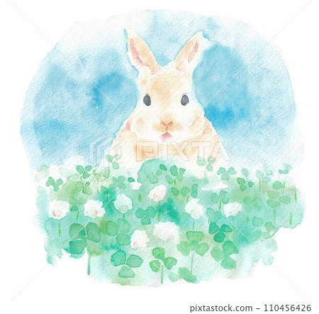 Watercolor hand-drawn illustration rabbit and clover 110456426
