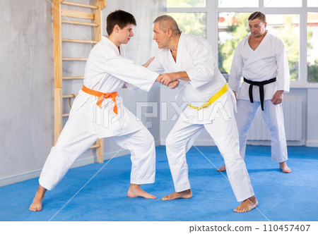 Young and elderly men training judo fight Young and elderly men training judo fight 110457407