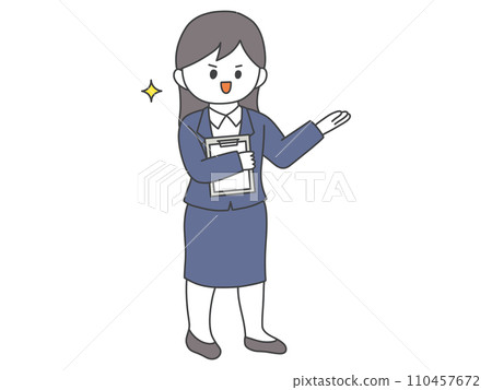 Full-body illustration of a woman in a suit holding a binder and giving an introduction Full-body illustration of a woman in a suit holding a binder and giving an introduction 110457672