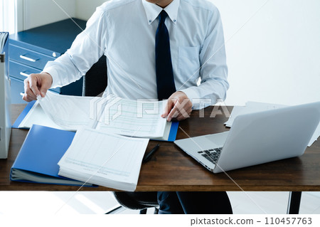 Male businessman checking the ledger Male businessman checking the ledger 110457763