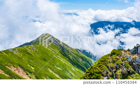 Climbing Mt. Jonendake in summer (view towards Mt. Jonendake from the summit of Mt. Jonendake) 110458384