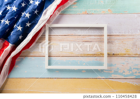 USA flag for Memorial day on abstract wooden background, Banner template design of presidents day concept, above flag of United States American with photo frame, Presidents Day, holiday background 110458428