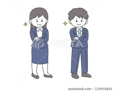 Full-body illustration of a man and woman standing confidently with their arms crossed Full-body illustration of a man and woman standing confidently with their arms crossed 110458685