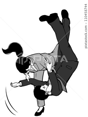 一位女商人用柔道技術擊退猥褻者的單色插圖 110458744