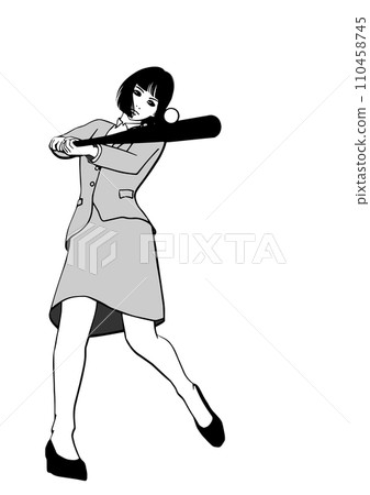 穿著西裝和高跟鞋擊球的女商人的單色插圖 穿著西裝和高跟鞋擊球的女商人的單色插圖 110458745