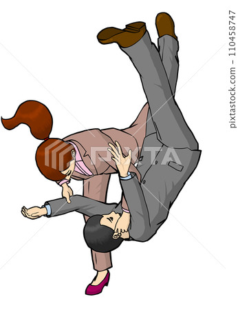 Businesswoman Throwing Technique - A dynamic illustration of a woman in a suit performing a judo throw on a man 110458747