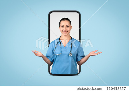 Female doctor gestures in phone screen on blue background 110458857