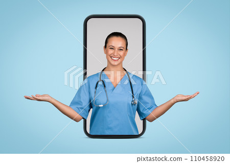 Cheerful nurse presenting in smartphone frame 110458920