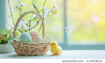 AI-generated content. Easter background with two cute chick standing near basket of colorful Easter eggs, copy space AI-generated content. Easter background with two cute chick standing near basket of colorful Easter eggs, copy space 110459028