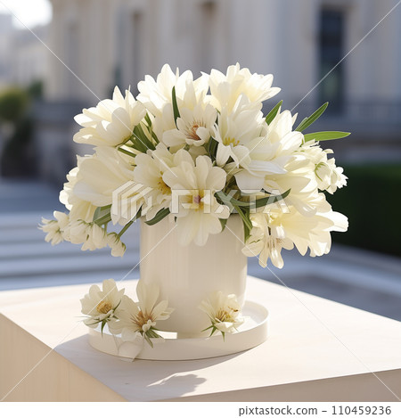 AI-generated content. Big bouquet of white flowers on pedestal with copy space, room with fresh tulips 110459236