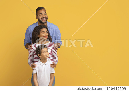 Happy Black Family Standing In Row And Looking Aside At Copy Space 110459509