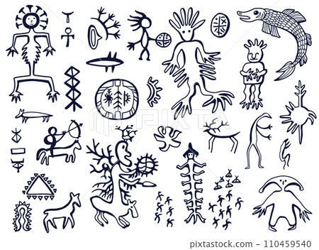 Design sketch set with northern styled ornament and doodle elements of unuit, chukchi, American native art, mystical emblems 110459540