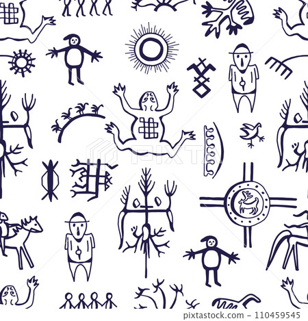 Seamless pattern with northern styled ornament and doodle elements of unuit, chukchi, American native art, mystical emblems Seamless pattern with northern styled ornament and doodle elements of unuit, chukchi, American native art, mystical emblems 110459545