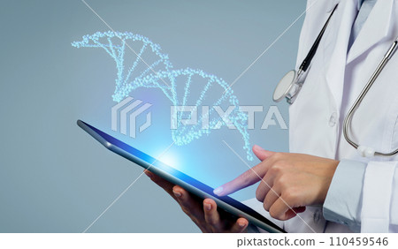 Unrecognizable doctor utilizes CRISPR and augmented reality to optimize patient care with virtual DNA on digital tablet Unrecognizable doctor utilizes CRISPR and augmented reality to optimize patient care with virtual DNA on digital tablet 110459546