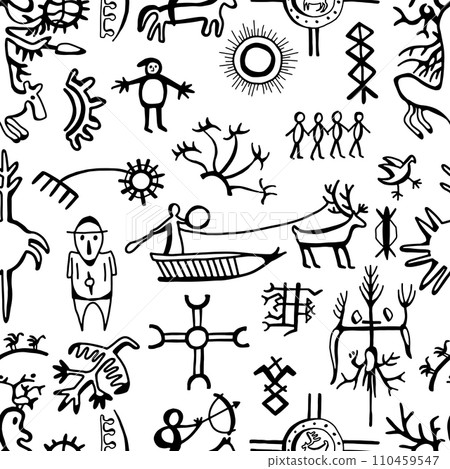Seamless pattern with northern styled ornament and doodle elements of unuit, chukchi, American native art, mystical emblems Seamless pattern with northern styled ornament and doodle elements of unuit, chukchi, American native art, mystical emblems 110459547