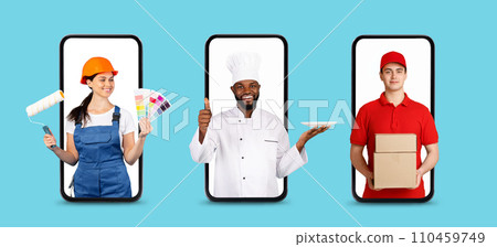 Diverse multiethnic professionals peering out from smartphone screens, collage Diverse multiethnic professionals peering out from smartphone screens, collage 110459749