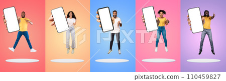 Great App. Joyful Young People Jumping With Big Blank Smartphone In Hand 110459827