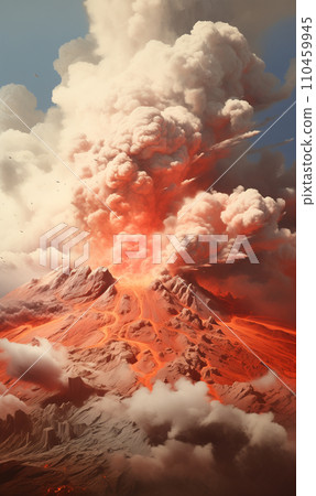 AI-generated content. Powerful daytime volcano eruption. Big explosion.  110459945