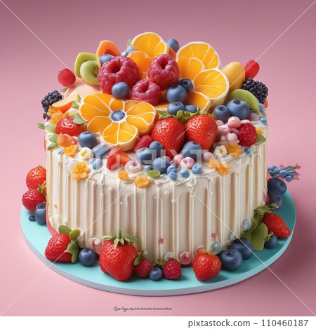 Fruits and vanilla custard cake on round table 110460187