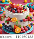 Fruits and vanilla custard cake on round table 110460188