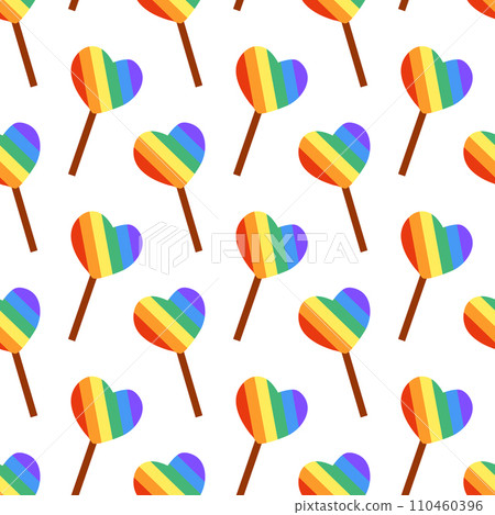 Seamless Pattern with Cute LGBT Lollipop rainbow on stick. Candy in form heart. LGBTQ. Symbol of the LGBT pride community. Flat vector illustration. 110460396
