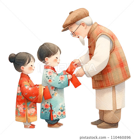 Chinese kids  receiving red packets from  grandfather clipart watercolor .AI Generate 110460896