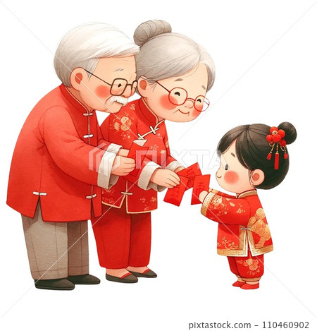 Chinese grandparent  sending  red packet to little  girl clipart watercolor .AI Generate 110460902