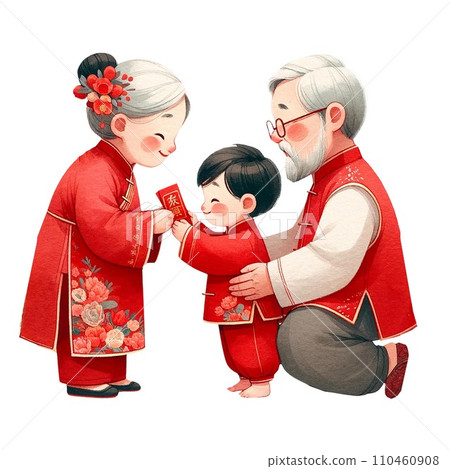 Chinese grandparent sending red packets to little boy clipart watercolor .AI Generate Chinese grandparent sending red packets to little boy clipart watercolor .AI Generate 110460908