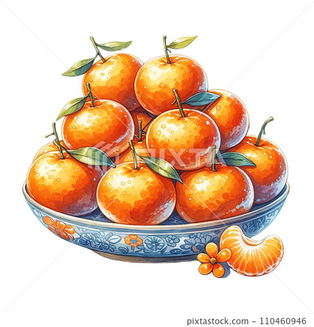 Tangerines with leaves in a ceramic bowl clipart watercolor .AI Generate Tangerines with leaves in a ceramic bowl clipart watercolor .AI Generate 110460946