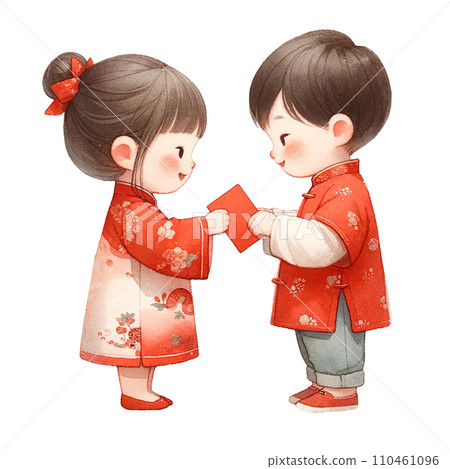Cute asian boy and girl holding red envelopes for Chinese New Yearclipart watercolor .AI Generate 110461096