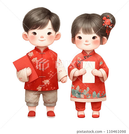 Cute asian boy and girl holding red envelopes for Chinese New Yearclipart watercolor .AI Generate 110461098