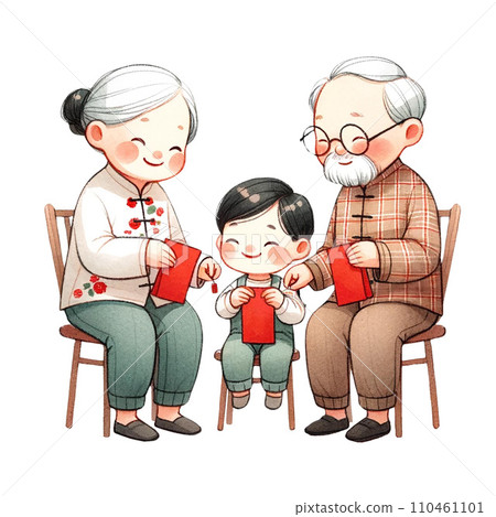 Chinese grandparent sending red packets to little boy clipart watercolor .AI Generate 110461101