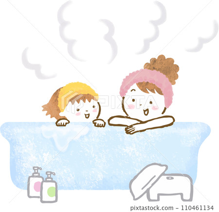 Hand drawn illustration of mother and daughter taking a bath 110461134