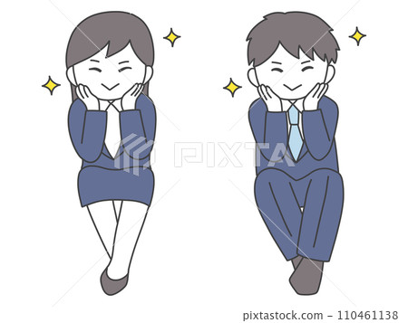 A man and a woman in suits look at us with smiles while crossing their legs. A man and a woman in suits look at us with smiles while crossing their legs. 110461138